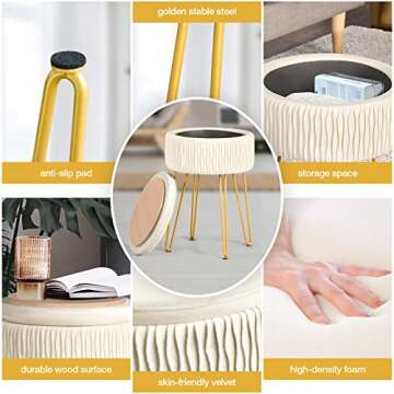 MOOWIND Storage Ottoman Velvet Small,Vanity Stool Chair for Makeup Room, Modern Round Footrest Upholstered Seated Side End Coffee Table Dressing Stool for Bedroom with Gold Legs, Beige
