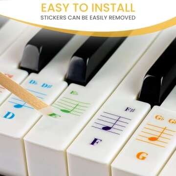 QMG Color Piano and Keyboard Stickers and Complete Color Note Piano Music Lesson and Guide Book for Kids and Beginners