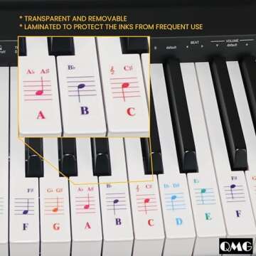 QMG Color Piano and Keyboard Stickers and Complete Color Note Piano Music Lesson and Guide Book for Kids and Beginners