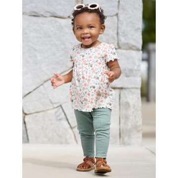 Simple Joys by Carter's Toddler Girls' 4-Piece Short-Sleeve Shirts and Pants Playwear Set, Pack of 4, Bottle Green/White Floral, 5T