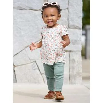 Simple Joys by Carter's Toddler Girls' 4-Piece Short-Sleeve Shirts and Pants Playwear Set, Pack of 4, Bottle Green/White Floral, 5T