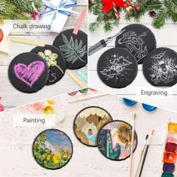 4 PCS Round Slate Drink Coasters Set, SIJDIEE 4 Inch Laser Engraving Black Slate Stone Coasters with Anti-Scratch Bottom and Coaster Holder for Office Bar Kitchen Home Dinner Table Decor Supplies