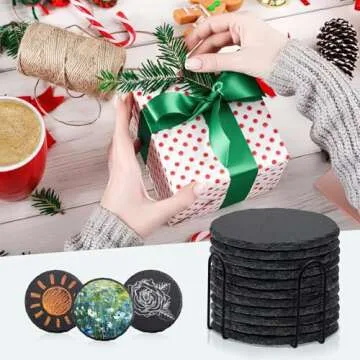 4 PCS Round Slate Drink Coasters Set, SIJDIEE 4 Inch Laser Engraving Black Slate Stone Coasters with Anti-Scratch Bottom and Coaster Holder for Office Bar Kitchen Home Dinner Table Decor Supplies