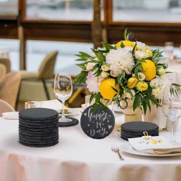 4 PCS Round Slate Drink Coasters Set, SIJDIEE 4 Inch Laser Engraving Black Slate Stone Coasters with Anti-Scratch Bottom and Coaster Holder for Office Bar Kitchen Home Dinner Table Decor Supplies