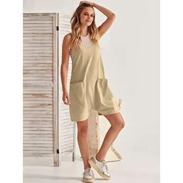 Caracilia Women's Summer Casual Rompers Sleeveless Loose Spaghetti Strap Short Jumpsuits Overalls Trendy Outfits with Pockets