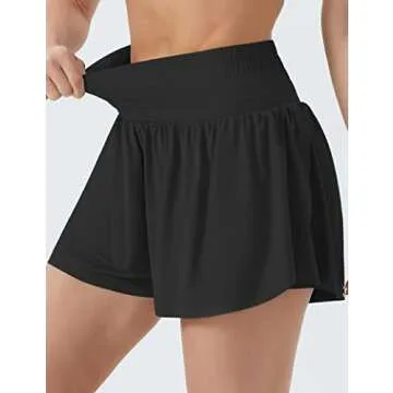 THE GYM PEOPLE Women's High Waisted Flowy Running Shorts 2 in 1 Athletic Workout Skirt Shorts Black