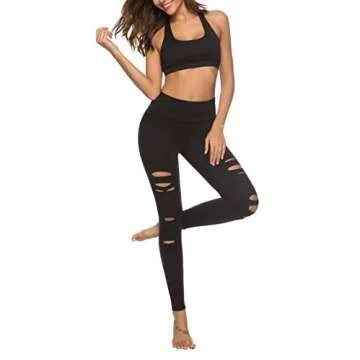 DIBAOLONG Womens High Waist Yoga Pants Cutout Ripped Tummy Control Workout Running Yoga Skinny Leggings Black S