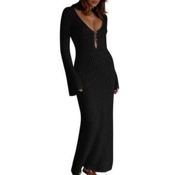 Saodimallsu Womens Crochet Maxi Cover Up Dress Beach Swim Vacation Coverups Long Sleeve Sexy Bodycon...