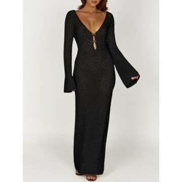 Saodimallsu Womens Crochet Maxi Cover Up Dress Beach Swim Vacation Coverups Long Sleeve Sexy Bodycon Summer Knit Dresses