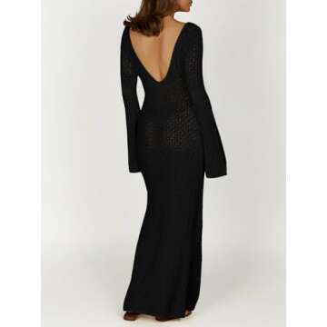 Saodimallsu Womens Crochet Maxi Cover Up Dress Beach Swim Vacation Coverups Long Sleeve Sexy Bodycon Summer Knit Dresses