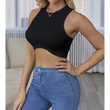 Abardsion Women's Crew Neck Racerback Knit Ribbed Basic Sleeveless Crop Tank Tops (Black,S)