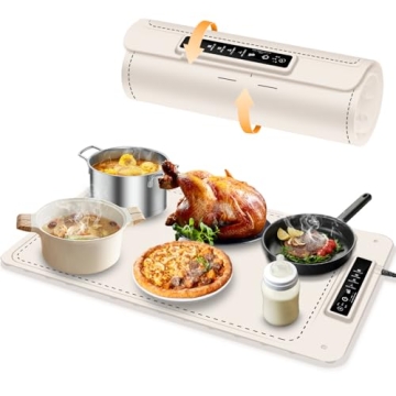 Food Warmer Electric Warming Tray Full Surface Silicone Heating Mat Food Warmer Foldable Hot Plates 4 Temperature Levels for Buffets Party Keep Warm Heating Tray Gatherings Gifts (Beige)