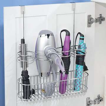 mDesign Metal Over Door Bathroom Hair Care & Styling Tool Organizer Storage Basket for Hair Dryer, F...