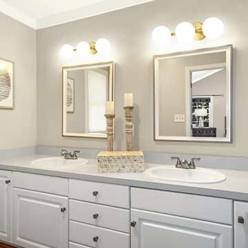 Bathroom Vanity Lights, 3-Light Bathroom Light Fixtures Brass Gold Vanity Lights, Mid-Century Modern Gold Bathroom Lights Over Mirror, Dimmable Wall Sconces Wall Light with Frosted Milk Glass, G9 Base