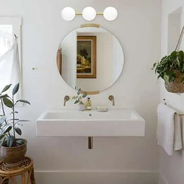 Bathroom Vanity Lights, 3-Light Bathroom Light Fixtures Brass Gold Vanity Lights, Mid-Century Modern Gold Bathroom Lights Over Mirror, Dimmable Wall Sconces Wall Light with Frosted Milk Glass, G9 Base