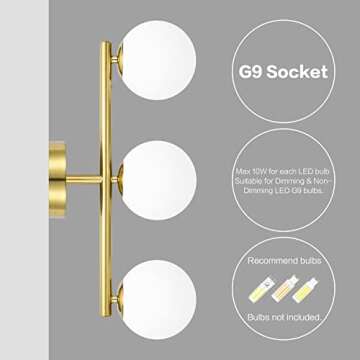 Bathroom Vanity Lights, 3-Light Bathroom Light Fixtures Brass Gold Vanity Lights, Mid-Century Modern Gold Bathroom Lights Over Mirror, Dimmable Wall Sconces Wall Light with Frosted Milk Glass, G9 Base