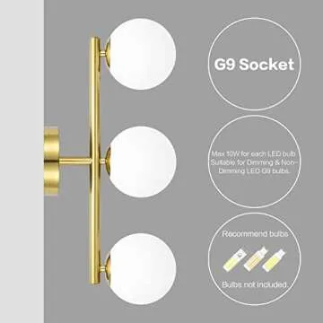 Bathroom Vanity Lights, 3-Light Bathroom Light Fixtures Brass Gold Vanity Lights, Mid-Century Modern Gold Bathroom Lights Over Mirror, Dimmable Wall Sconces Wall Light with Frosted Milk Glass, G9 Base