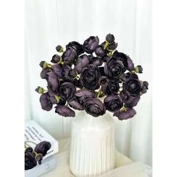 Prakilom Ranunculus Artificial Flowers (Black, 18 Pieces), Silk Mini Bouquets for Home Decor, Weddin...