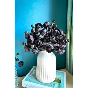 Prakilom Ranunculus Artificial Flowers (Black, 18 Pieces), Silk Mini Bouquets for Home Decor, Wedding, Table Centerpiece and Bridal Shower Decorations, DIY Bulk Faux Floral Arrangements