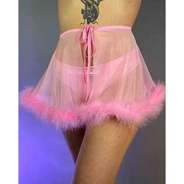 Women Rave Tie Front Sheer Feather Trim Mesh Short Skirts Mini Skirts See-Through Music Festivals