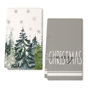 ARKENY Christmas Kitchen Towels Set of 2,Green Xmas Tree Snowflake Dish Towels 18x26 Inch Drying Dis...