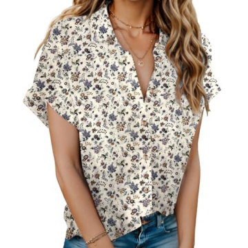 HOTOUCH Women Hawaiian Shirt Soft Cool Summer Floral Tropic Print V Neck Blouses Short Sleeve Button...