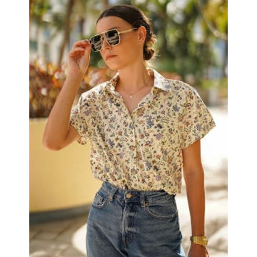 HOTOUCH Women Hawaiian Shirt Soft Cool Summer Floral Tropic Print V Neck Blouses Short Sleeve Button Up Tops Large