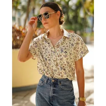 HOTOUCH Women Hawaiian Shirt Soft Cool Summer Floral Tropic Print V Neck Blouses Short Sleeve Button Up Tops Large