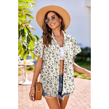 HOTOUCH Women Hawaiian Shirt Soft Cool Summer Floral Tropic Print V Neck Blouses Short Sleeve Button Up Tops Large