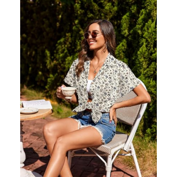 HOTOUCH Women Hawaiian Shirt Soft Cool Summer Floral Tropic Print V Neck Blouses Short Sleeve Button Up Tops Large