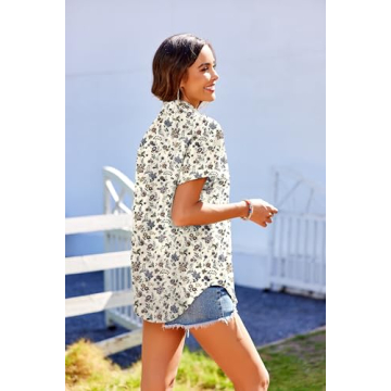 HOTOUCH Women Hawaiian Shirt Soft Cool Summer Floral Tropic Print V Neck Blouses Short Sleeve Button Up Tops Large