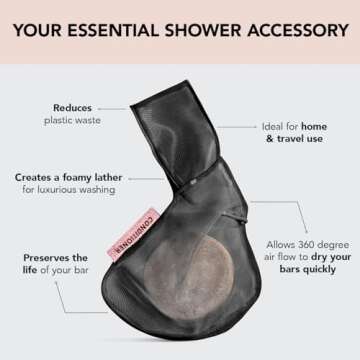 Kitsch Bar Soap Saver Bag – Recycled Mesh Beauty Bar Pouch for Body Wash, Conditioner & Shampoo Bars, Holder to Preserve Soap, Eco-Friendly, Patented Bag – Black