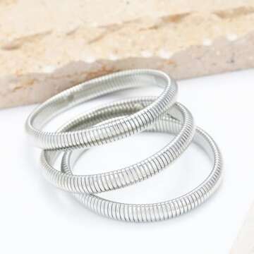 BONJOULRY 14K Gold Plated Bangle Bracelets Set for Women Men Stretchy Link Chain Bracelet Flexible Wide Wristband Bangle Bracelets Omega Chain Bracelet Set of 3 10MM Each Silver