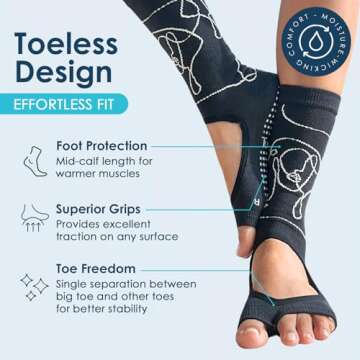 Tucketts Crew Toeless Non-Slip Grip Socks - Ella Midnight for Yoga, Pilates, and Leisure