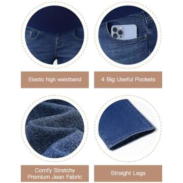 POSHGLAM Women's Maternity Jeans Straight Leg Over Belly Comfy Stretch Denim Pants(Dark Blue, Large)