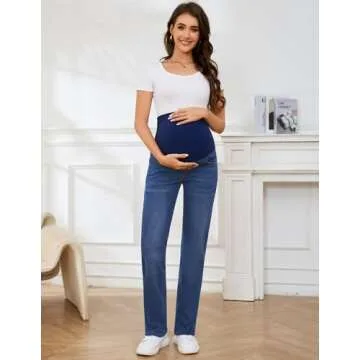 POSHGLAM Women's Maternity Jeans Straight Leg Over Belly Comfy Stretch Denim Pants(Dark Blue, Large)