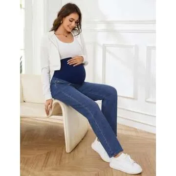 POSHGLAM Women's Maternity Jeans Straight Leg Over Belly Comfy Stretch Denim Pants(Dark Blue, Large)