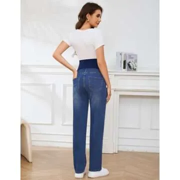 POSHGLAM Women's Maternity Jeans Straight Leg Over Belly Comfy Stretch Denim Pants(Dark Blue, Large)
