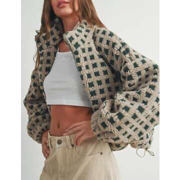 Lianlive Women Winter Fleece Jacket Long Sleeve Zip Up Fuzzy Sherpa Coats Womens Warm Outwear with Pockets (Green-S)