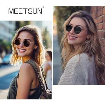 MEETSUN Small Round Polarized Sunglasses for Women Men Classic Retro Metal Frame Sun Glasses UV400 Gold Grey All Black