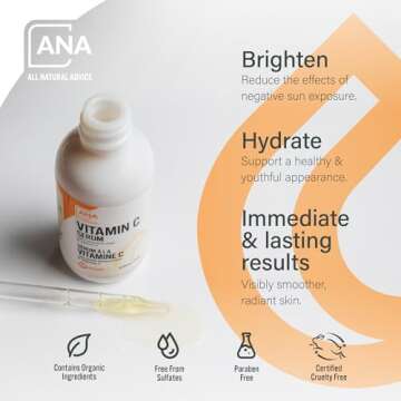 All Natural Advice Vitamin C Serum 60mL | 20% Vitamin C Face Serum Solution with Organic Botanicals, Hyaluronic Acid & Vitamin E | UV-Shielding Glass Bottle, Spray & Dropper | Canadian Skin Care