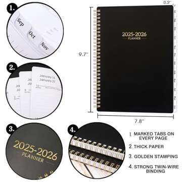 Planner 2025-2026 - Planner/Calendar 2025-2026, Jul.2025 - Jun.2026, 2025-2026 Planner Weekly and Monthly with Tabs, 8" x 10", Flexible Cover + Twin-Wire Binding + Calendars, Daily Organizer - Black