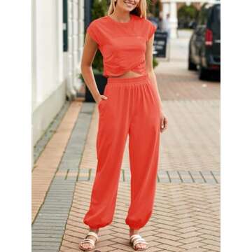 Fisoew Women's Two Piece Outfits Casual Lounge Sets Crop Tops and Joggers Tracksuit with Pockets