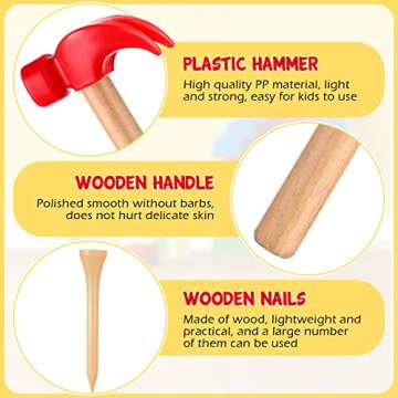 Yunsailing 10 Pcs Kids Hammer Toys 100 Pcs Wood Golf Tees, Small Wooden Hammer Simulation Fake Hammer Maintenance Tools Toys Pegs Bamboo Nail for Play Educational School Gift Party (Red, Wood Color)
