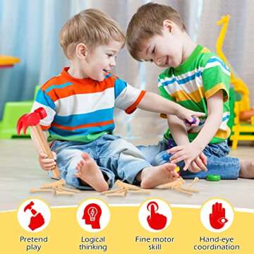 Yunsailing 10 Pcs Kids Hammer Toys 100 Pcs Wood Golf Tees, Small Wooden Hammer Simulation Fake Hammer Maintenance Tools Toys Pegs Bamboo Nail for Play Educational School Gift Party (Red, Wood Color)