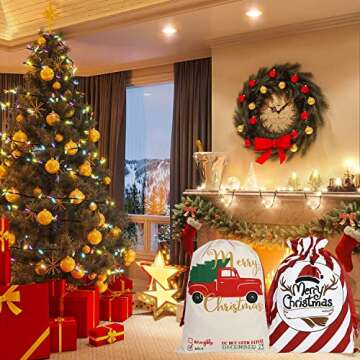 Christmas Santa Sacks 2Pcs Personalized Santa Sacks Bags Large Xmas Presents Bags with Drawstring Reusable Canvas Santa Bags Presents Gift Candy Treats Storage Size 17.7" x 25.6" and 19.7" x 27.5"