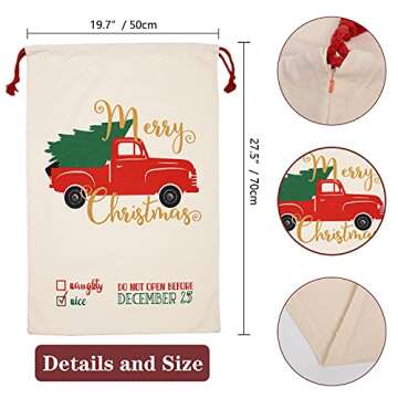 Christmas Santa Sacks 2Pcs Personalized Santa Sacks Bags Large Xmas Presents Bags with Drawstring Reusable Canvas Santa Bags Presents Gift Candy Treats Storage Size 17.7" x 25.6" and 19.7" x 27.5"