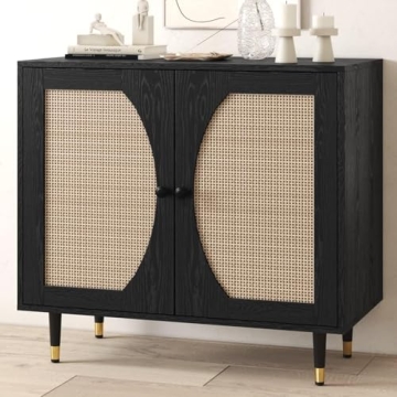 Black Buffet Sideboard Cabinet, Rattan Sideboard with Natural Rattan Doors, Black Rattan Console Tab...