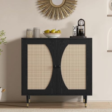 Stylish Black Rattan Buffet Sideboard Cabinet with Storage