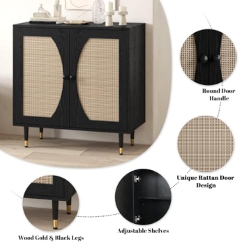 Stylish Black Rattan Buffet Sideboard Cabinet with Storage